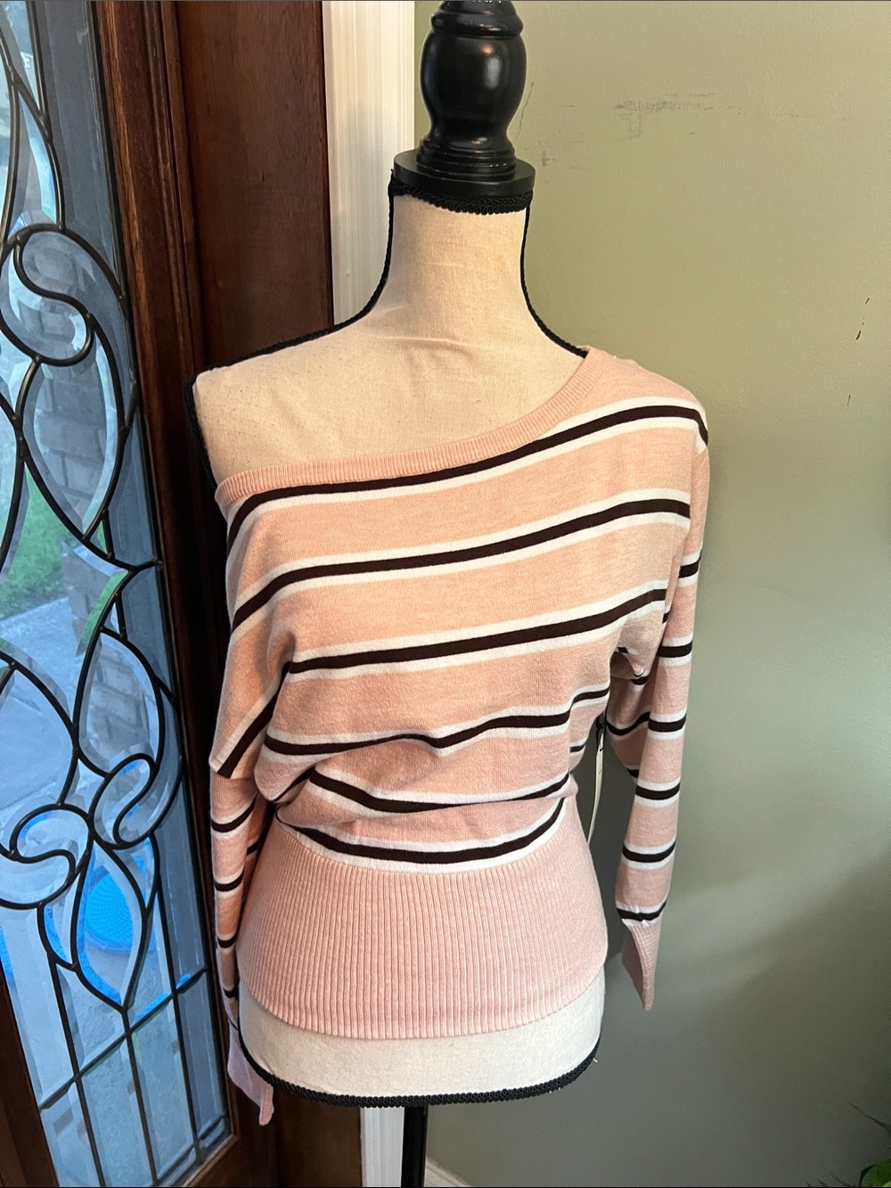 Freshman 1996 Striped Off-the-Shoulder Pink Knit Sweater